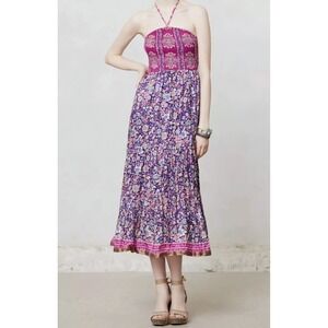 Anthropologie Maeve Daleka Day‎ Midi Dress Womens S Smocked Halter Silk Floral